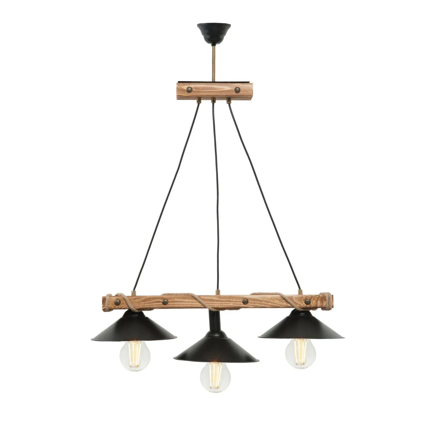 Corten 3’lü Ahşap Sarkıt Avize – Siyah Metal Başlık, Halat Detaylı, Endüstriyel Tasarım