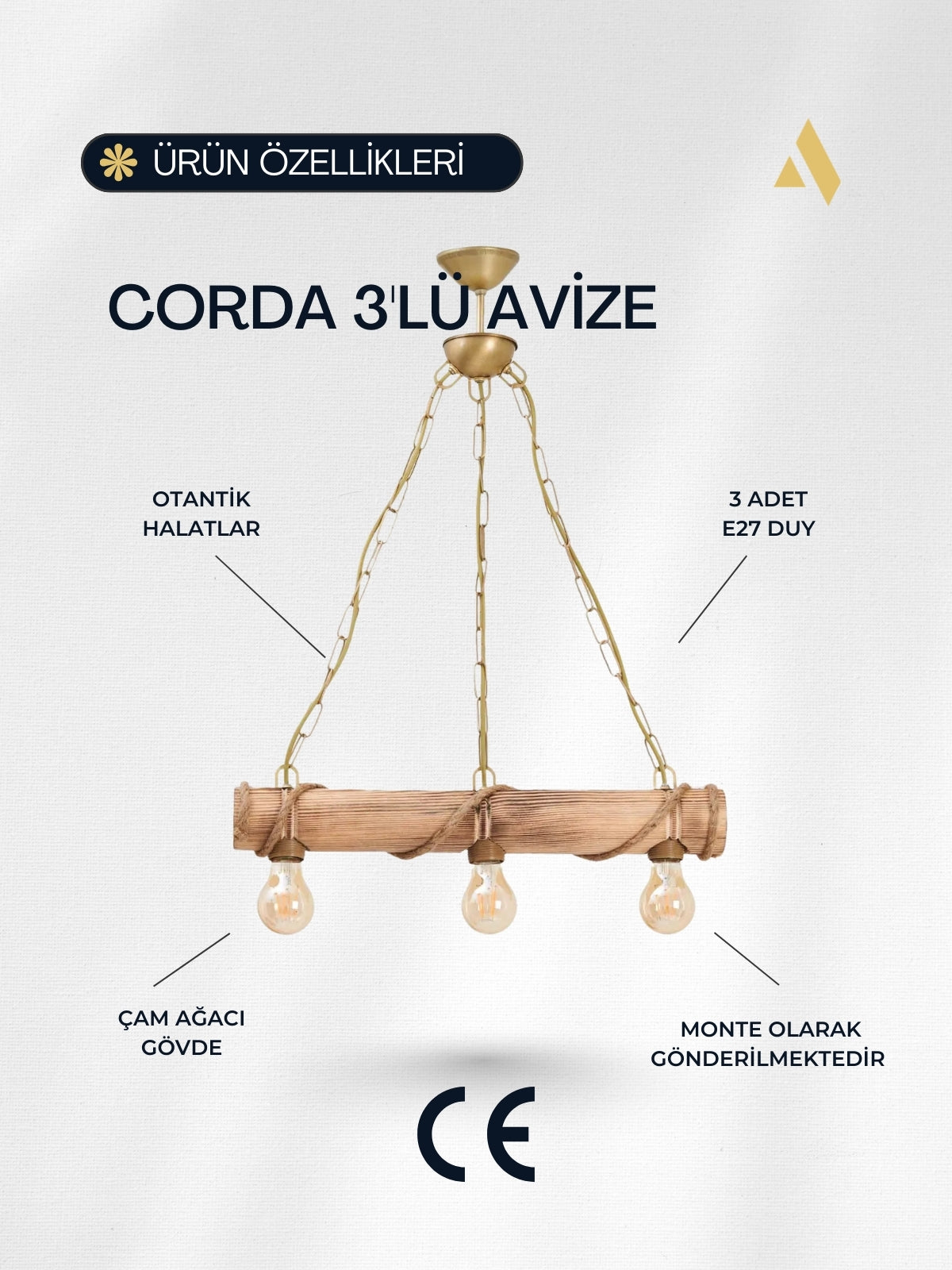 Corda Rustik Çiftlik Tarzı 3'lü Avize – Halat Sargılı Ahşap Gövde, Zincir Askılı