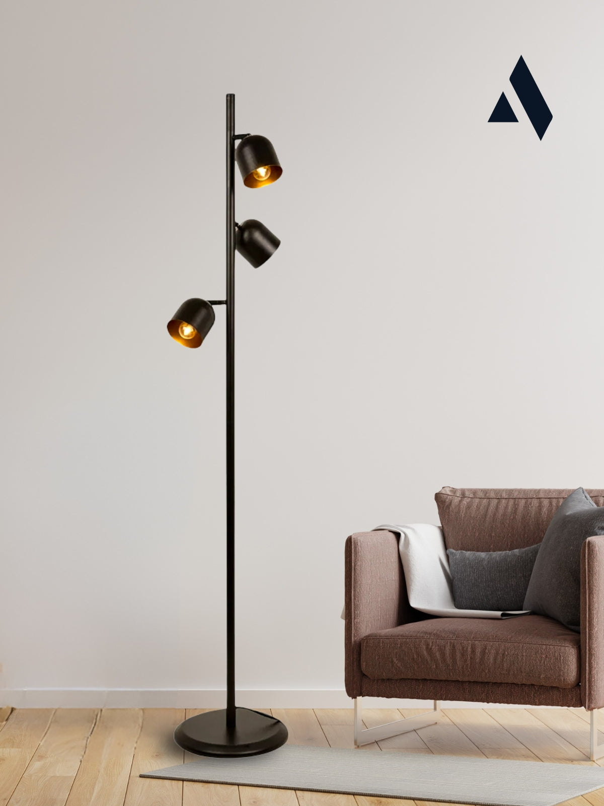 Horion Modern Siyah Lambader – 3 Başlıklı, Ayarlanabilir Metal Gövde, Şık ve Dekoratif (Ev & Ofis Uyumlu)