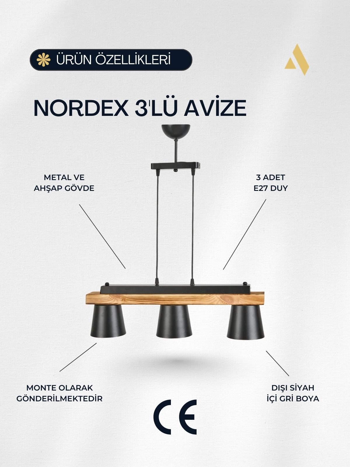 Nordex 3’lü Ahşap Sarkıt Avize – Siyah Metal Gövde, Gümüş Başlık İçi, Ayarlanabilir Aydınlatma