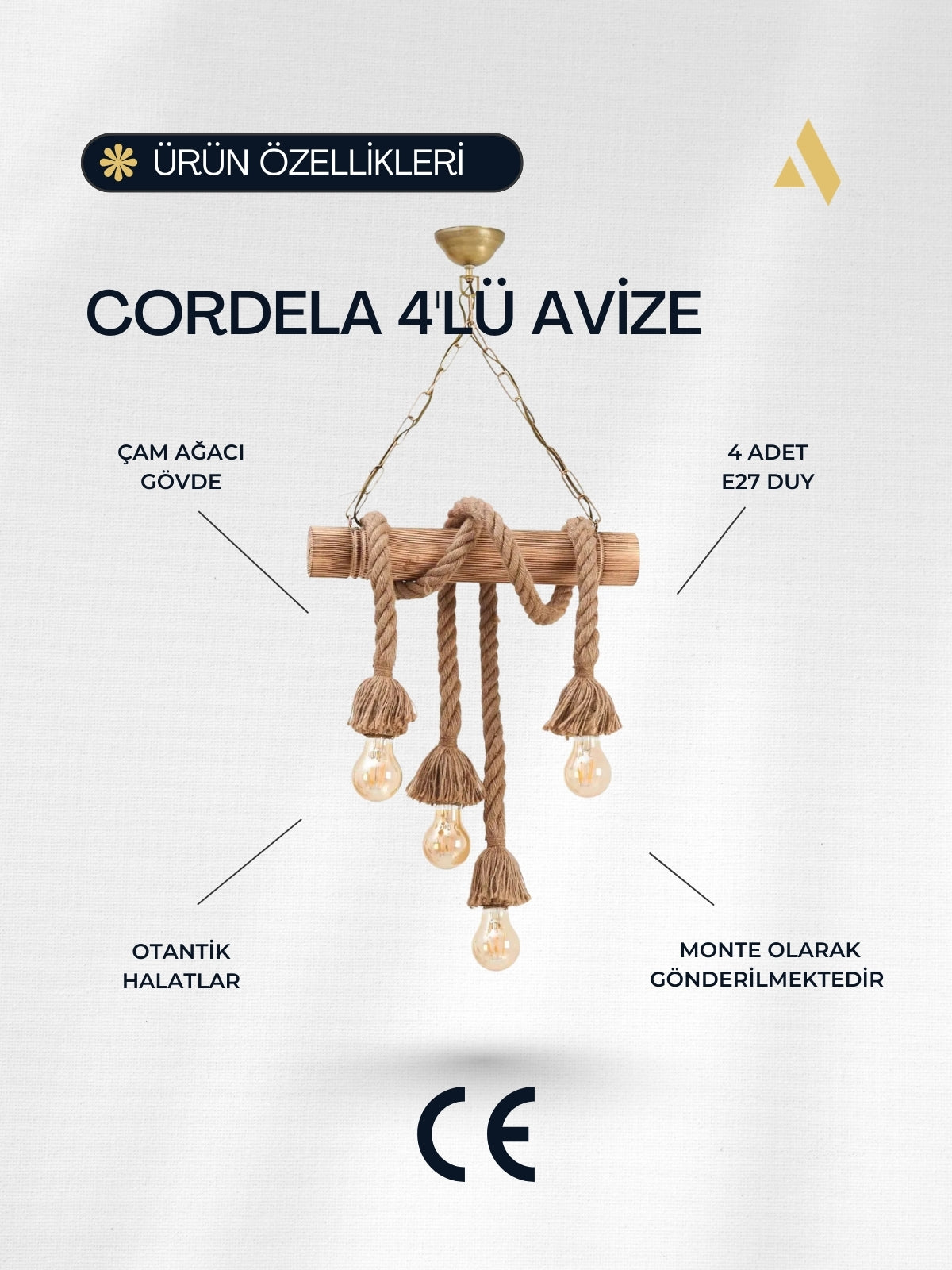 Cordela 4’lü Rustik Halatlı Ahşap Avize – Zincir Askılı, Otantik & Dekoratif Tasarım