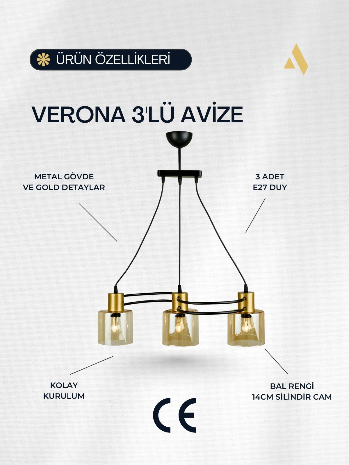 Verona 3’lü Cam Avize – Dekoratif Bal Rengi Silindir Cam, Gold Detaylı, CE Belgeli