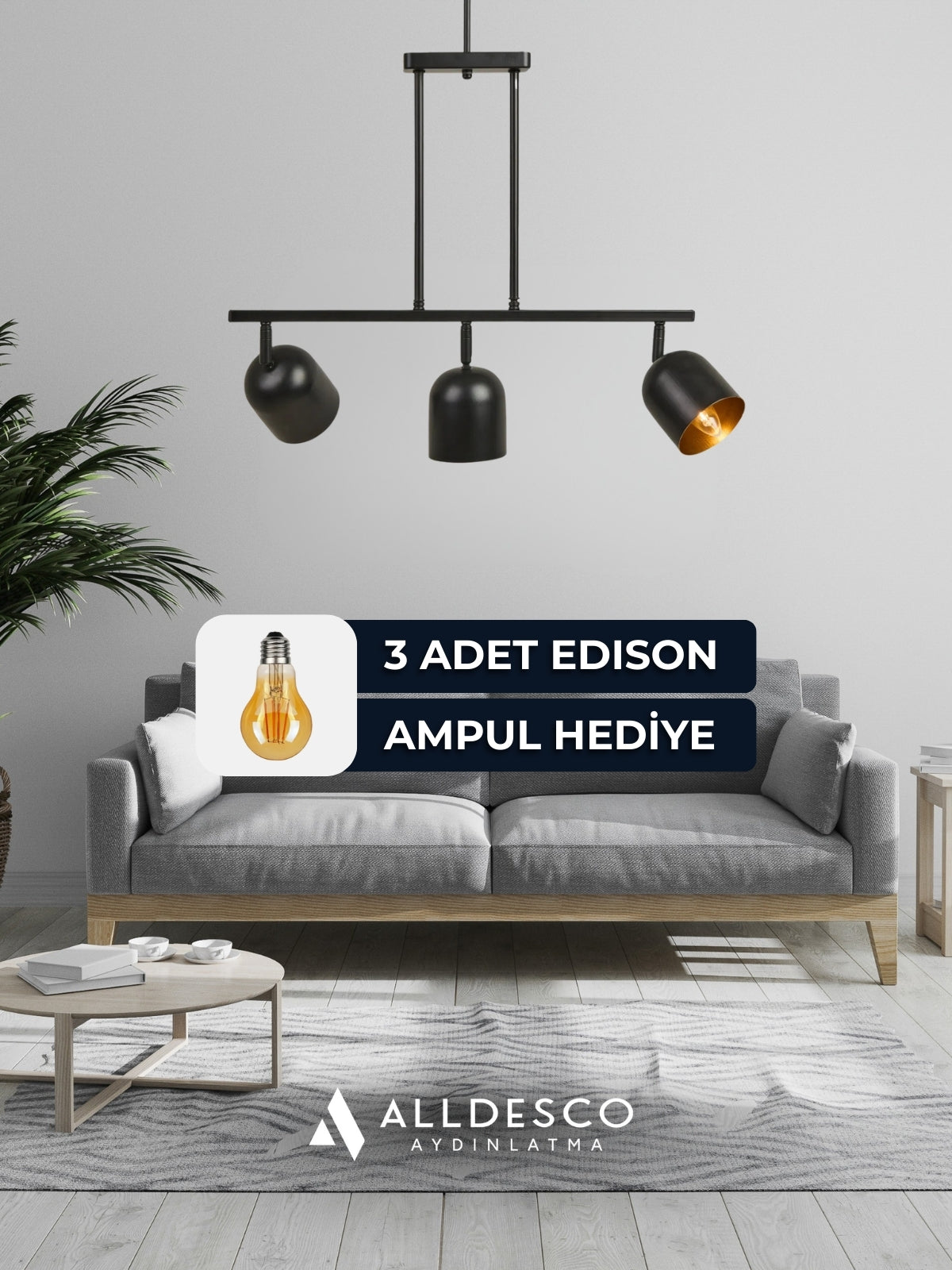 Noir 3’lü Modern Avize – Siyah Gövde, İçi Gold Başlık, Salon ve Mutfak Uyumlu Tavan Lambası
