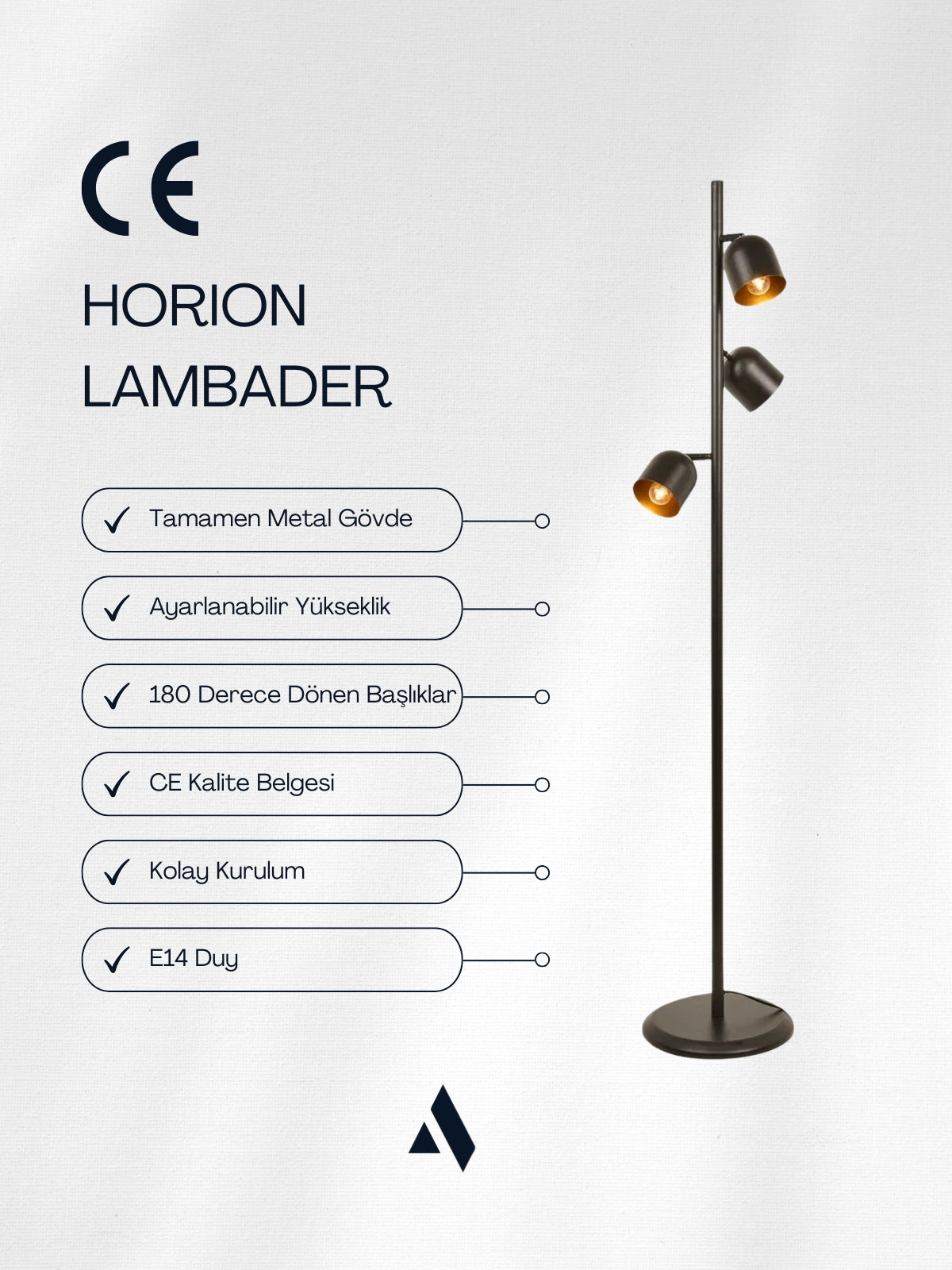 Horion Modern Siyah Lambader – 3 Başlıklı, Ayarlanabilir Metal Gövde, Şık ve Dekoratif (Ev & Ofis Uyumlu)