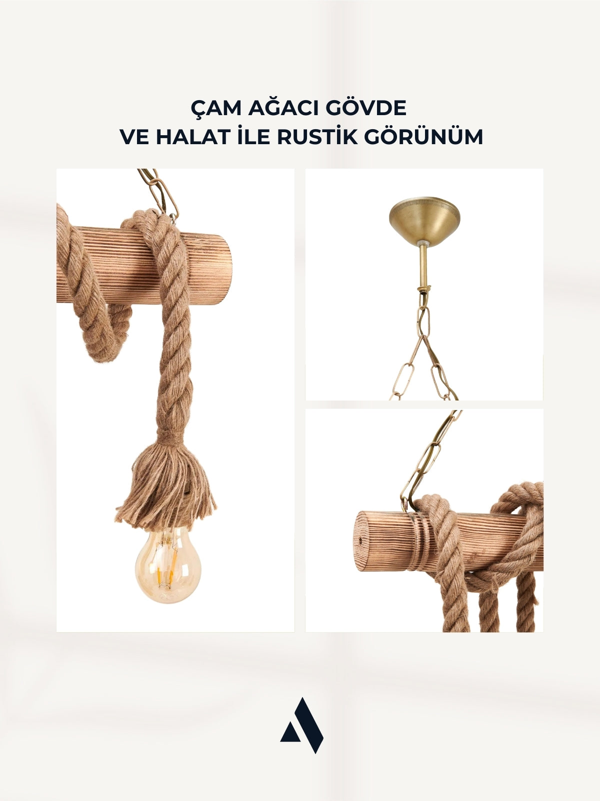 Cordela 4’lü Rustik Halatlı Ahşap Avize – Zincir Askılı, Otantik & Dekoratif Tasarım