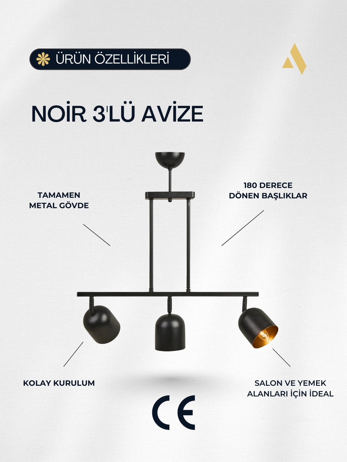 Noir 3’lü Modern Avize – Siyah Gövde, İçi Gold Başlık, Salon ve Mutfak Uyumlu Tavan Lambası