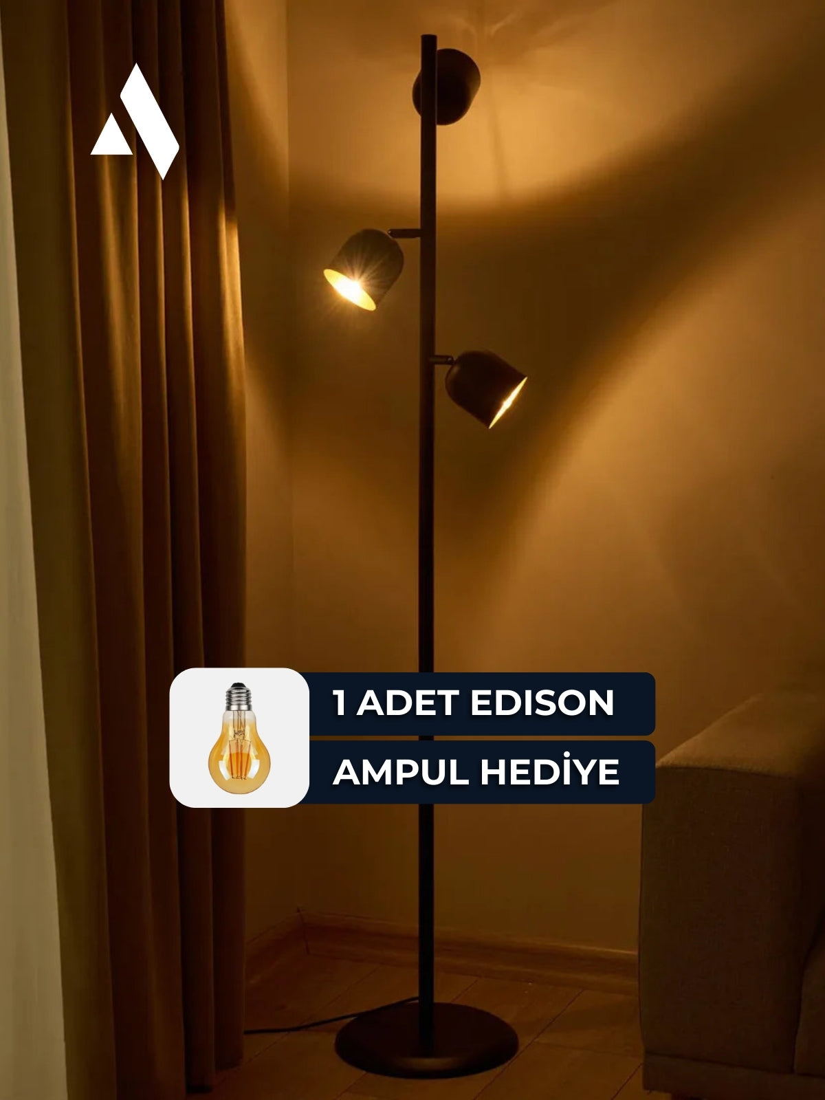 Horion Modern Siyah Lambader – 3 Başlıklı, Ayarlanabilir Metal Gövde, Şık ve Dekoratif (Ev & Ofis Uyumlu)