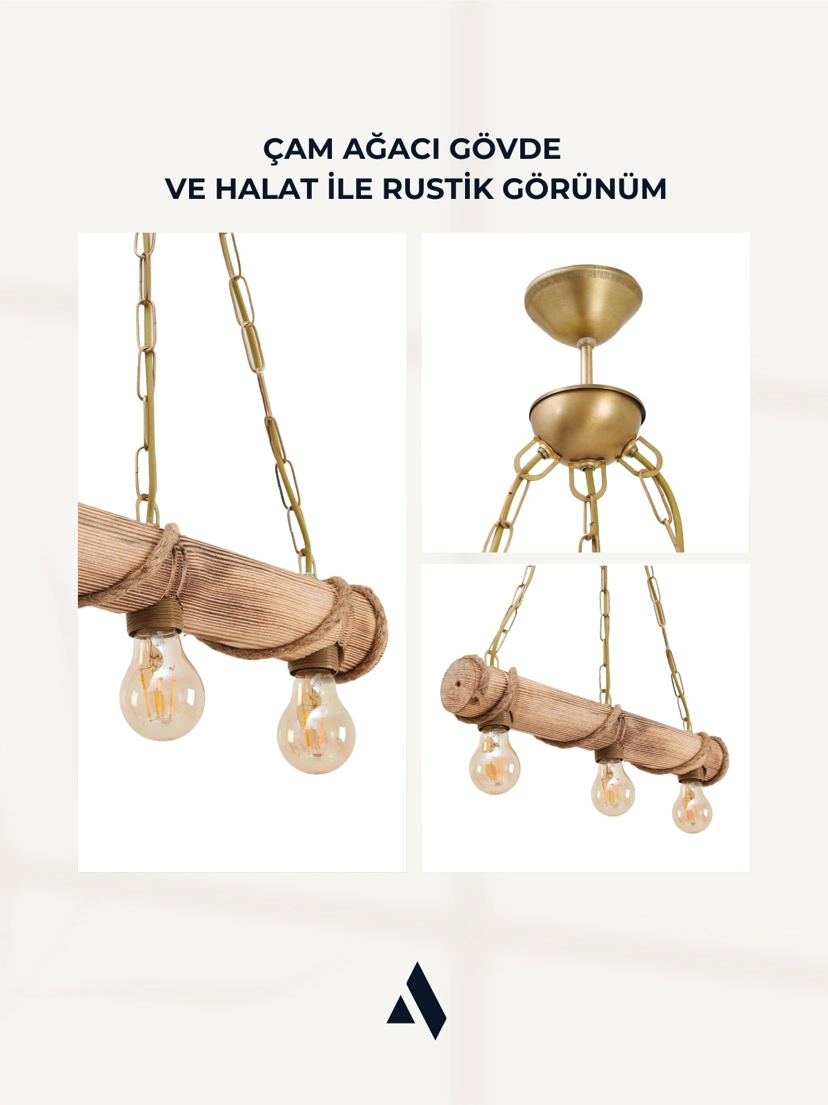 Corda Rustik Çiftlik Tarzı 3'lü Avize – Halat Sargılı Ahşap Gövde, Zincir Askılı