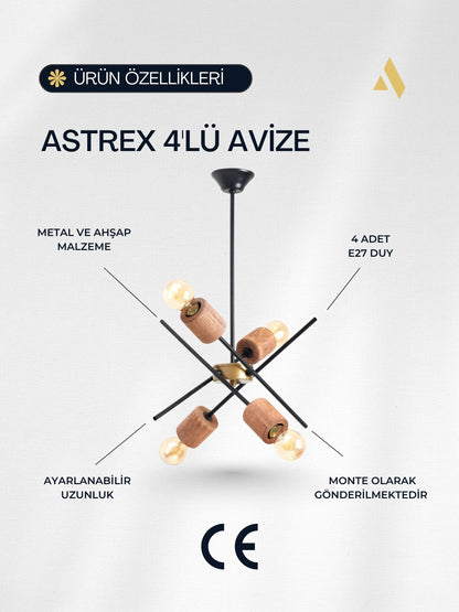 Astrex Rustik Salon Avizesi – 4 Başlıklı, Ahşap Detaylı Endüstriyel Lamba