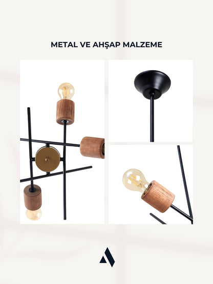 Astrex Rustik Salon Avizesi – 4 Başlıklı, Ahşap Detaylı Endüstriyel Lamba