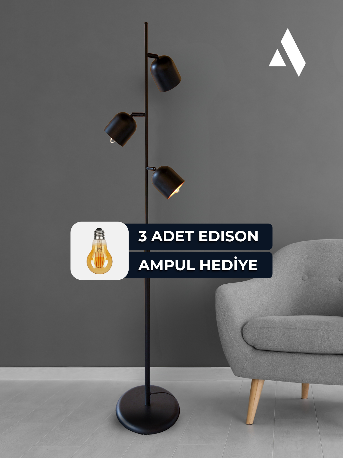 Horion Siyah Metal Lambader – 3 Başlıklı, Ayarlanabilir Modern Lambader | Ev ve Ofis için Dekoratif Aydınlatma