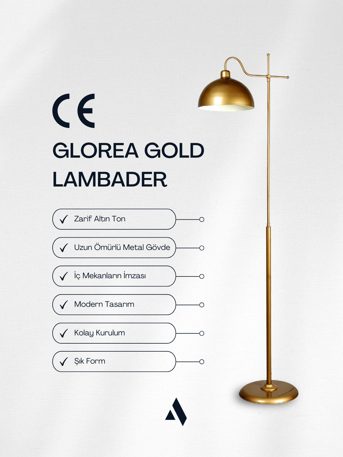 Glorea – Eskitme Gold Metal Lambader | Dekoratif ve Modern Yer Aydınlatması