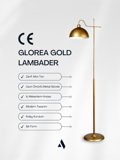 Glorea – Eskitme Gold Metal Lambader | Dekoratif ve Modern Yer Aydınlatması