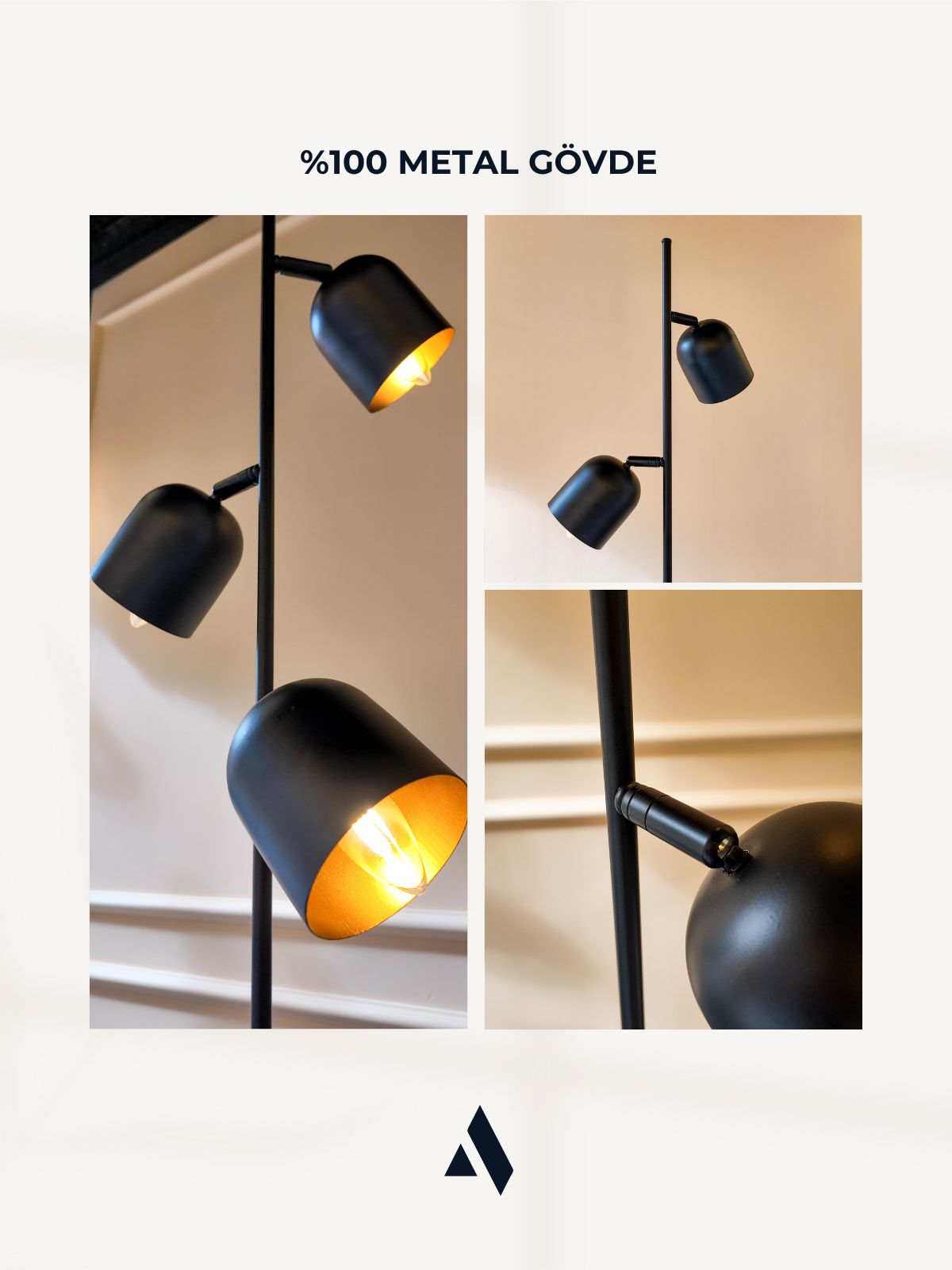 Horion Siyah Metal Lambader – 3 Başlıklı, Ayarlanabilir Modern Lambader | Ev ve Ofis için Dekoratif Aydınlatma