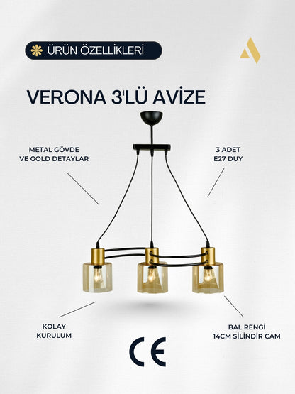 Verona 3’lü Cam Avize – Dekoratif Bal Rengi Silindir Cam, Gold Detaylı, CE Belgeli