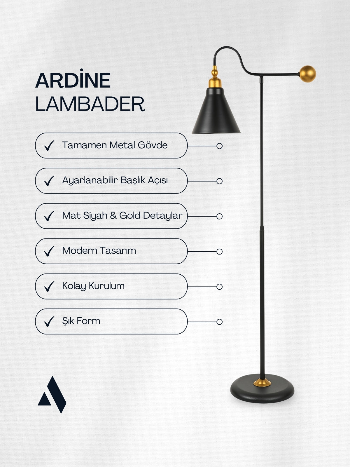 Ardine Siyah Metal Lambader – Ayarlanabilir Başlıklı, Modern ve Şık Tasarım Aydınlatma
