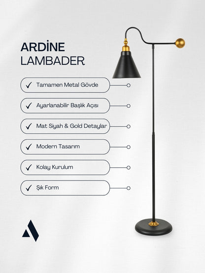 Ardine Siyah Metal Lambader – Ayarlanabilir Başlıklı, Modern ve Şık Tasarım Aydınlatma