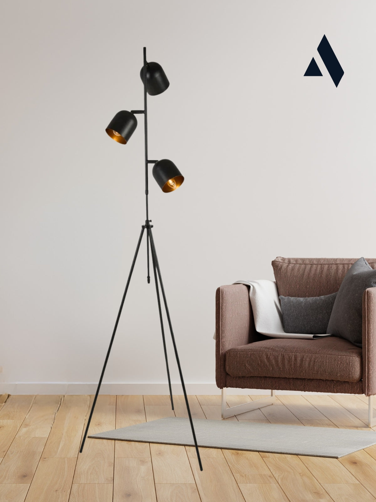 Horion 3 Başlıklı Siyah Tripod Lambader – Ayarlanabilir Yükseklik, Metal Gövde, Modern Tasarım