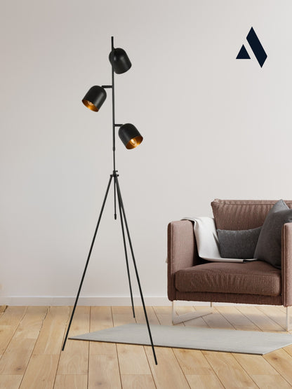 Horion 3 Başlıklı Siyah Tripod Lambader – Ayarlanabilir Yükseklik, Metal Gövde, Modern Tasarım