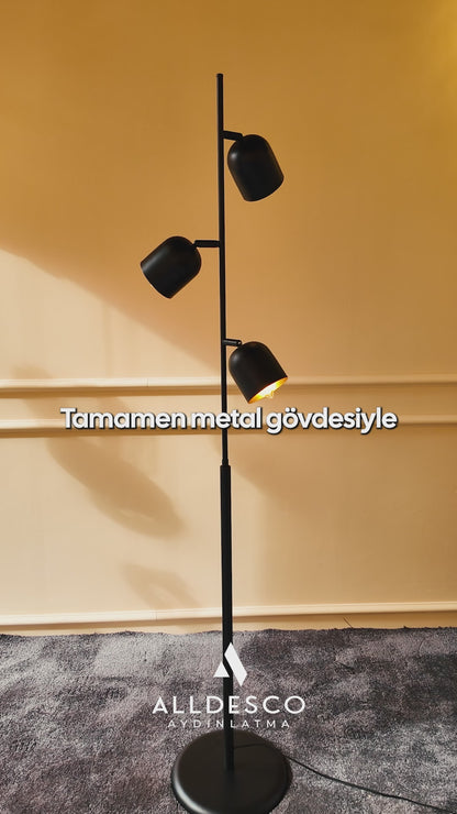 Horion Siyah Metal Lambader – 3 Başlıklı, Ayarlanabilir Modern Lambader | Ev ve Ofis için Dekoratif Aydınlatma