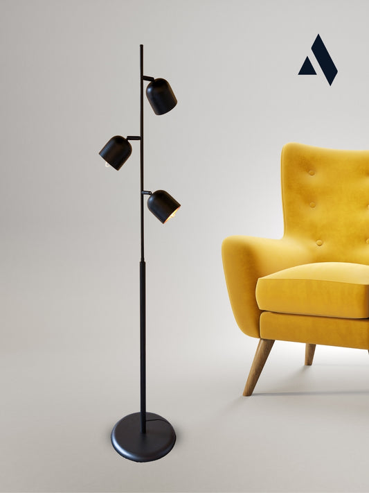 Horion Siyah Metal Lambader – 3 Başlıklı, Ayarlanabilir Modern Lambader | Ev ve Ofis için Dekoratif Aydınlatma