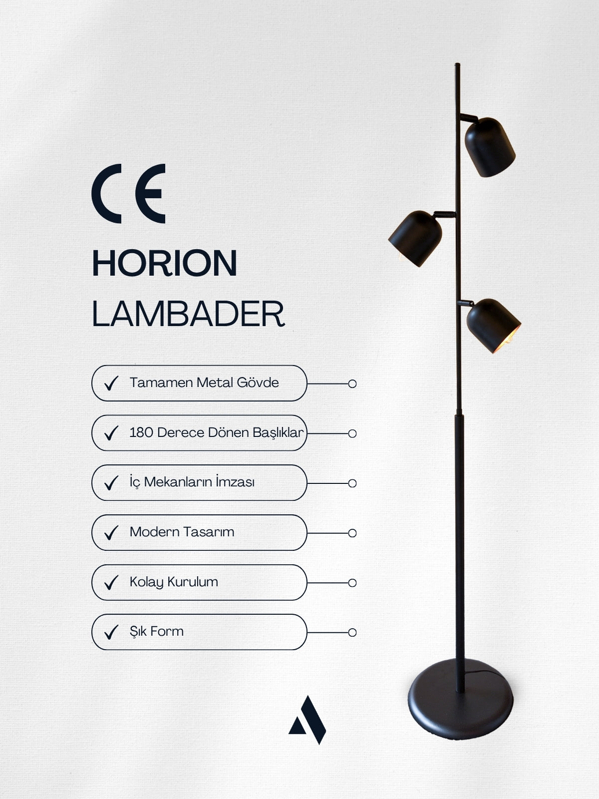 Horion Siyah Metal Lambader – 3 Başlıklı, Ayarlanabilir Modern Lambader | Ev ve Ofis için Dekoratif Aydınlatma