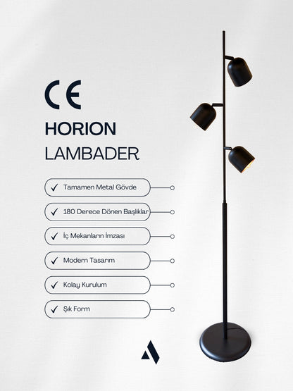 Horion Siyah Metal Lambader – 3 Başlıklı, Ayarlanabilir Modern Lambader | Ev ve Ofis için Dekoratif Aydınlatma